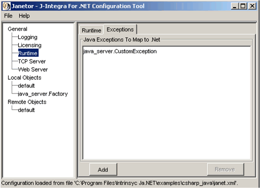 Using Janetor configuration tool setup runtime and exceptions
