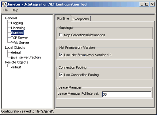 Setup Runtime and Exception in Janetor configuration tool